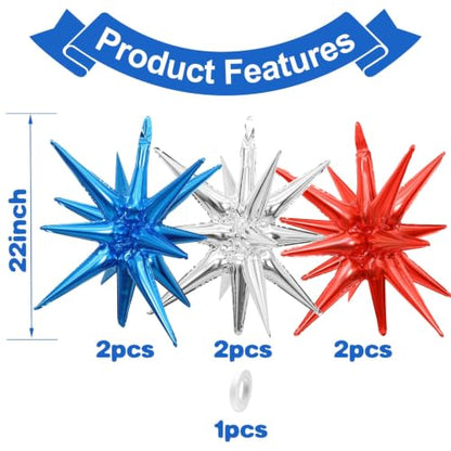 Red Blue Silver Star Balloons, 6PCS 22 Inch Foil Explosion Star Balloons - color: Dark Blue Red Silver