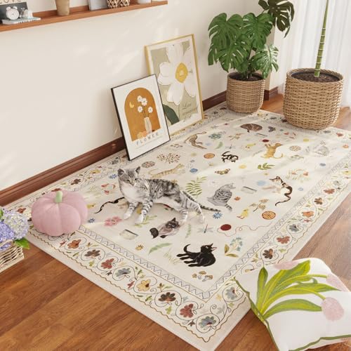 Rugcomf Area Rug 4x6 Washable Non Slip Floral Animal Cat, Beige - color: Beige/Cat, size: 4' x 6' (Rectangular)