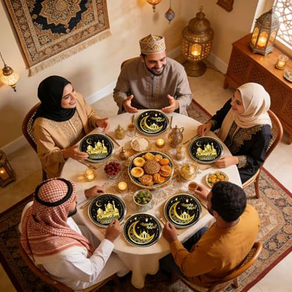 Ramadan Plates for Home Black and Gold Eid Mubarak Ramadan 9 Inch Paper Plates for Ramadan Party Decorations