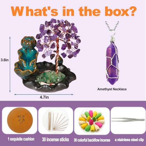 Amethyst Incense Holder Burner, Waterfall Fountain Backflow Cone Burner, Healing Crystal and Stone, Women Gifts for Christma - color: Amethyst Burner