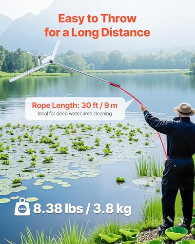 VEVOR Lake Weed Cutter, Pond Aquatic Plant Cutting Tool with 48 in Max. Cut Width, Sharp and Heavy-Duty Steel Blades, Pond Rake with 30 ft Throw Rope, for Cattail, Phragmites, Lilly Pads & Chara - size: 36-48in