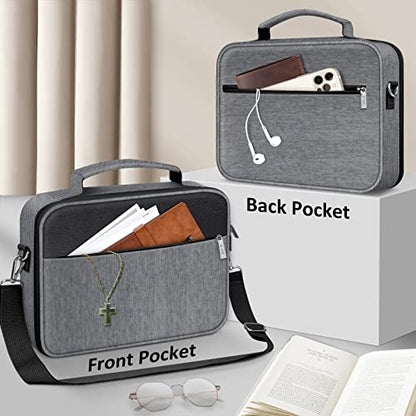 FINPAC Large Bible Cover w/Shoulder Strap, Carrying Book Case Church Bag Bible Protective w/Pen Slots and Zippered Pocket, Gift for Women Lady, Gray - color: Gray