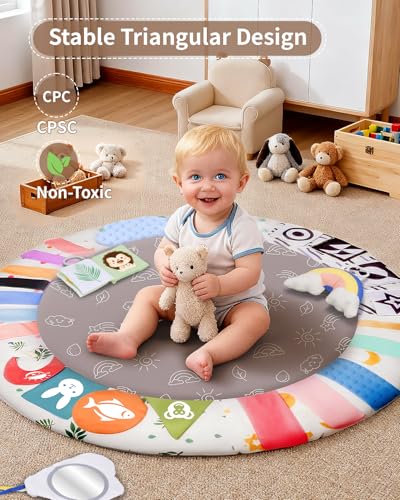 Baby Play Gym Activity Mat, WOOD CITY Tummy Time Play Mat for Babies 0-6 Months with 6 Detachable Newborn Infant Toys, Promote Motor Skills & Sensory Development Baby Essentials Gift