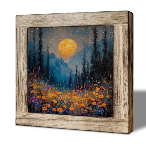 Full Moon Mountain Forest Wooden Desktop Sign, Wildflower Night Landscape Wood Plaque Tabletop Decor, Rustic Nature Artwork for Bedroom Living Room Office Shelf - color: color39