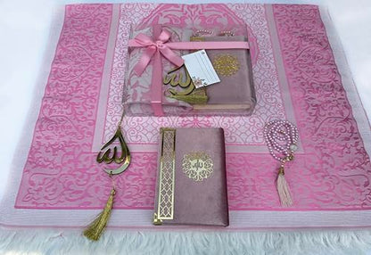SAIKA Prayer Rug Set with Thanks Card, Full Arabic Quran Prayer Rug, Beads and Car Hanger Set,Ramadan Eid Wedding Birthday Graduation Mother's Day (Pink)