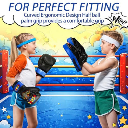 Boxing Gloves and Punching Mitts Set 4oz Gloves Boxing Pads Kids Youth Sparring Gear Training Equipment for Taekwondo Kick Karate Muay Thai MMA Martial Art - style: Black Bat