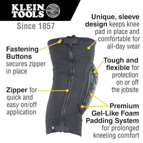 Klein Tools 60850 Tough-Flex Knee Sleeves for Work, Construction, Low-Profile Sleeve with Zipper, Gel-Like Foam, Black, XL/XXL - size: XL/XXL