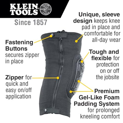 Klein Tools 60850 Tough-Flex Knee Sleeves for Work, Construction, Low-Profile Sleeve with Zipper, Gel-Like Foam, Black, XL/XXL - size: XL/XXL
