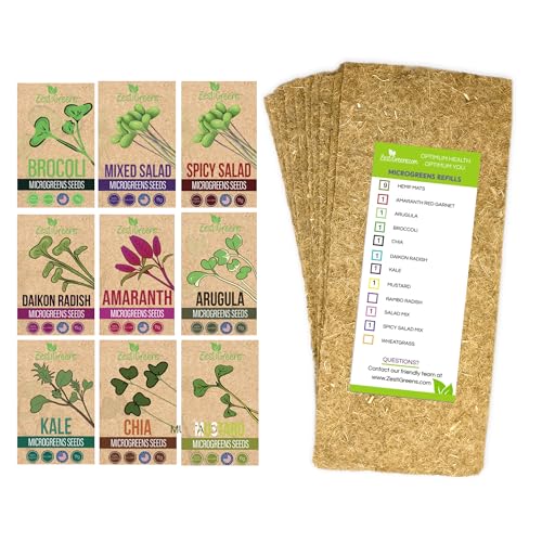 Microgreens Kit Refills - 9 Mats and 9 Different USA Seed Packs | Refill set with 9 plant mats and 9 seed packs for the ZestiGreens microgreens growing kit - color: Sampler Microgreens Refill