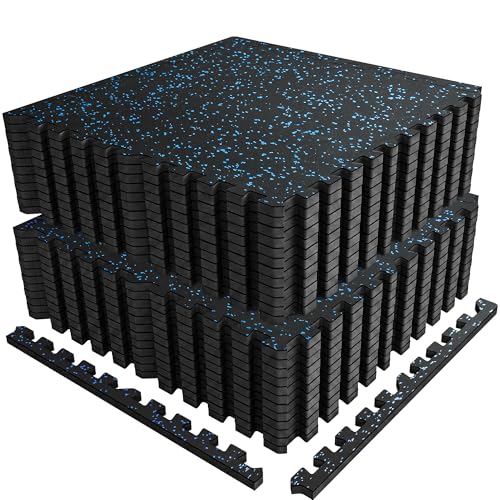 PRAISUN 0.56" Rubber Top Gym Flooring, Heavy Duty Interlocking Gym Mats for Home Gym, Non-Slip Workout Mat, 24 x 24in Large Gym Floor Mat, Protect Floors from Weights & Equipment, 96 Sq Ft, Black/Blue - size: 24 Tiles (96 Sq Ft)