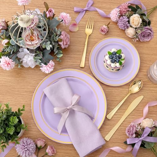WDF Partyware 175PCS Purple Plates Disposable - Lavender Plastic Plates 25Guests Plastic Dinnerware with Rolled Napkins for Birthday/Spring/Baby Shower/Birthday - color: Purple, size: 175PCS