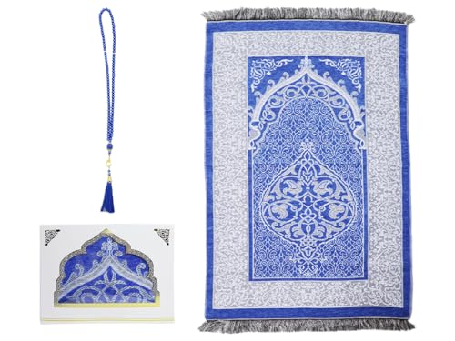 Anlising Muslim Prayer Rug and Beads with Elegant Box, Islamic Prayer Mat, Muslim Prayer Rug, Ramadan Prayer Blanket, for Muslim, Islamic, Ramadan, Eid al Fitr, Prayer (Blue,70x110CM)