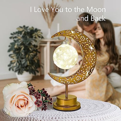 Decorative Table Lamp, Crescent Moon Lamp Ramadan Table Decor, Battery Powered Christmas Ramadan Desk Lamp Decorations for Home, Patterned Hollow Out Warm Boho Light for Bedrooms Nightstand
