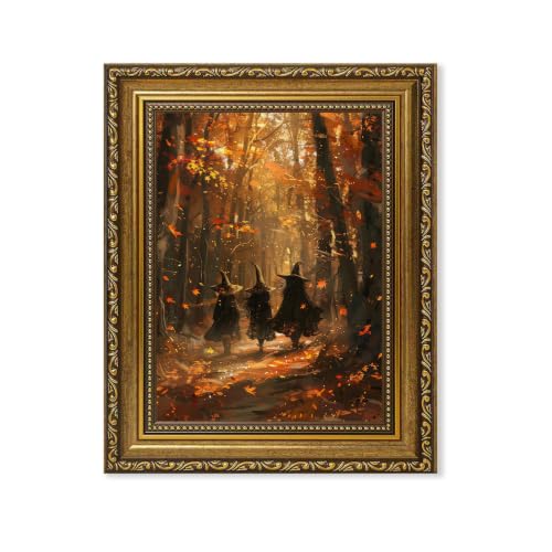 Urmoya Halloween Witch Vintage Gold Framed Dark Forest Wall Art 8x10 in - color: witch, size: 10"L x 8"W