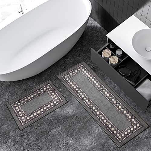 Antep Rugs Alfombras Modern Bordered 2pc Non-Skid (Non-Slip) Low Profile Pile Rubber Backing Indoor Kitchen Runner Rugs (Gray, 2pc Set) - color: Grey, size: 2pc Set