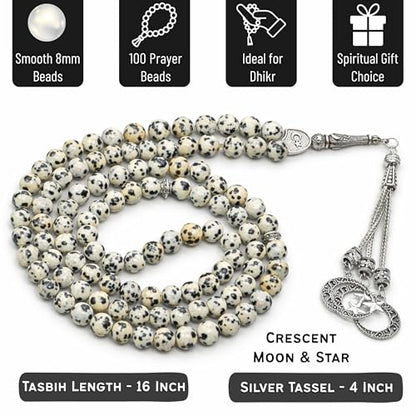 Amazing Gemstone Dalmatian Jasper Tasbeeh with Moon and Star Charm - Certified Crystal Muslim Prayer Beads Natural Gemstone Tasbih Gift for Ramadan Dhikr and Daily Namaz (S) - color: Dalmatian Jasper