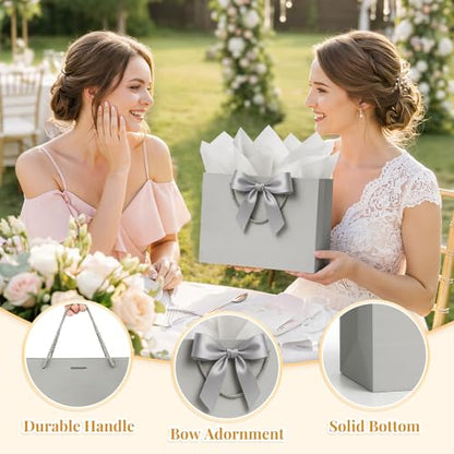 ANZNKU 2PCS Gray Gift Bags Medium for Women & Men, Gift Bags with Handles 4 Tissue Paper 2 Ribbons 2 Cards for Wedding Birthday Bridal Baby Shower Graduation Engagement Party Favors Present Wrap Set - color: Cloudy Gray