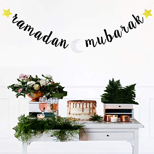 Glitter Ramadan Mubarak Banner - Eid Festival Muslim Islam Party Decoration Supplies -2024 Hajj Mubarak Umrah Mubarak Islamic Party Sign