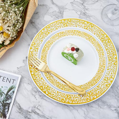 210 Count Gold Plastic Dinnerware, Gold Disposable Plates, Includes: 30 Dinner & 30 Dessert Plates & 30 Cups & 30 Paper Napkins & 30 Plastic Silverware Set -for Thanksgiving, Christmas, Parties - color: Gold