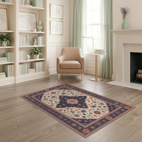 4'x6' Beige Navy Blue Warm Boho Medallion Washable Area Rug - color: Beige/Pattern 7, size: 4' x 6' (Rectangular)