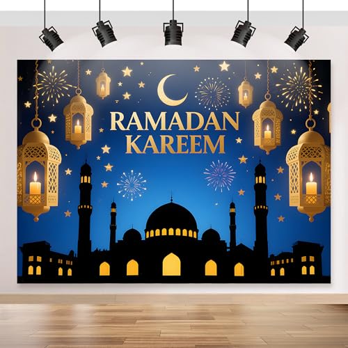 Ramadan Mubarak Backdrop 70.8x43.3 inch, for Muslim Ramadan Kareem Party Decorations, Eid Mubarak Sign Photo Booth for Home Muslim Eid Al Fitr Party - color: Black and Blue