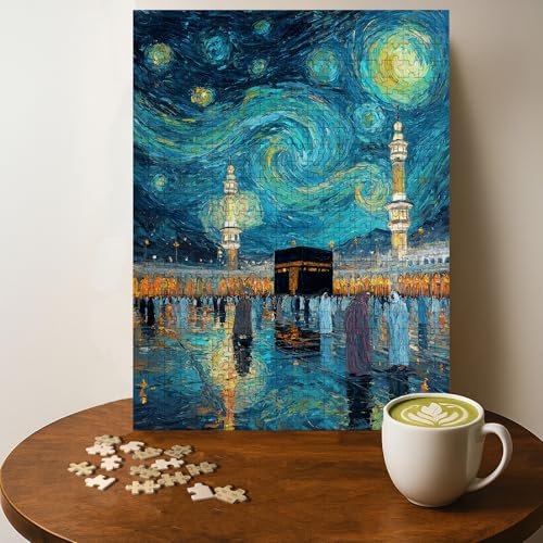 KAABA Starry Night Islamic Art Islam Jigsaw Puzzle - 500 Pieces Wooden Puzzle for Adults, Wall Art Gift, Finished Size: 20 x 15 Inch - color: Kaaba Starry Night Islamic Art - 500 Pieces