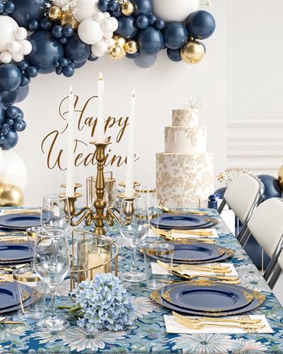 Nervure 175PCS Blue Plastic Plates - Blue Gold Plastic Dinnerware Set Disposable Include 50 Plates for Dinner and Dessert, 25Knives, 25Spoons, 25Forks, 25Cups, 25Napkins for Weddings & 4th of July - color: Navy, style: 175Pcs(25Guests)