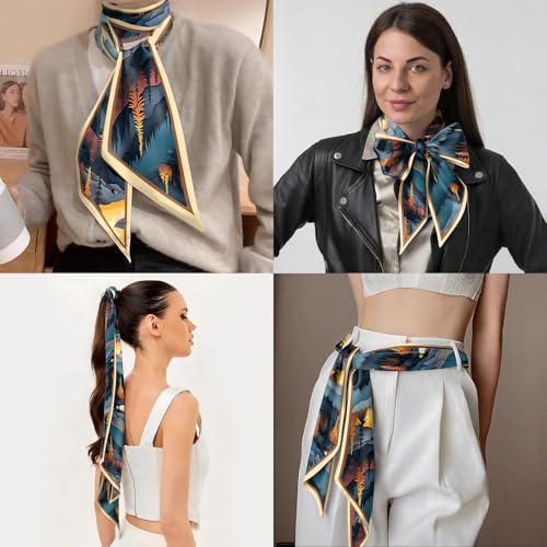 Head Hair Scarf Neck Silk Feeling Scarves Long Thin Satin Fashion Handbag Cute Decoration Women Girls 59 * 6.7'' - color: O-20-sunset