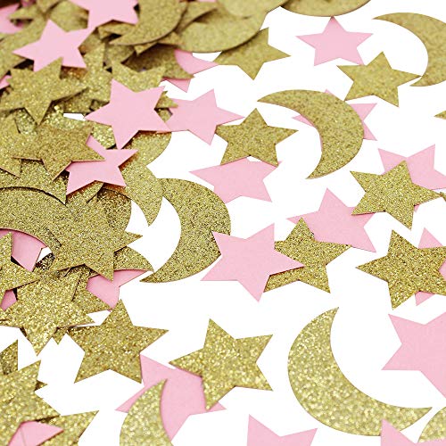 Star and Moon Paper Confetti for Baby Birthday Wedding Party Table Decorations Pink and Gold Glitter Table Scatter Baby Shower Party Supplies - size: 210 Piece Set
