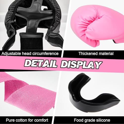 Kanayu 12 Pcs Kids Boxing Equipment Set for Beginners Ages 6-18 Years Including Boxing Helmet and Gloves Hand Wraps Sport Mouthguards Taekwondo Sparring Gear for Kids and Children - color: Black, Pink