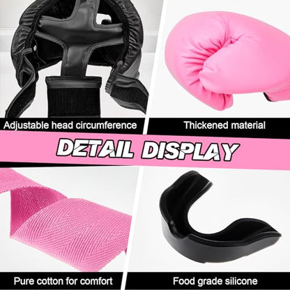 Kanayu 12 Pcs Kids Boxing Equipment Set for Beginners Ages 6-18 Years Including Boxing Helmet and Gloves Hand Wraps Sport Mouthguards Taekwondo Sparring Gear for Kids and Children - color: Black, Pink