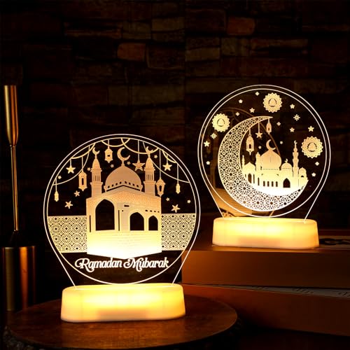 2 Pcs Ramadan Decorations Lights for Home Eid Mubarak Table Decor LED Ramadan Night Lights Crescent Moon Castle Lantern Centerpiece for Home Islamic Mosque Muslims Crafts Table Decor Eid Gifts(Lovely) - style: Lovely