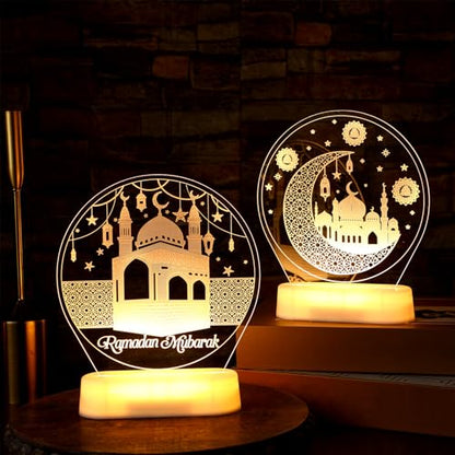 2 Pcs Ramadan Decorations Lights for Home Eid Mubarak Table Decor LED Ramadan Night Lights Crescent Moon Castle Lantern Centerpiece for Home Islamic Mosque Muslims Crafts Table Decor Eid Gifts(Lovely) - style: Lovely
