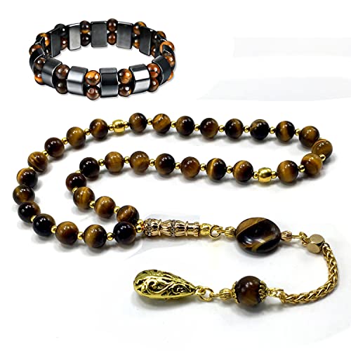 Design -Tiger Eye Stone 시리즈 걱정 비즈 - 기도 비즈 (8mm-33 비즈) Tesbih-Tasbih-Tasbeeh-Misbaha-Masbaha-Subha-Sebha-Sibha-Rosary (오리엔트 골드 태슬 및 타이거 아이 팔찌) - color: Orient 골드 태슬과 타이거 아이 팔찌