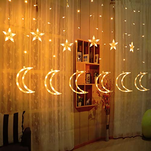 LED Ramadan Star Moon Light,Curtain String Light,115 LED Hanging Window Lights, USB Powered,8 Lighting Modes,Memory,6 Hours Timer,Decoration for Home Living Room Bedroom Balcony Christmas Wedding