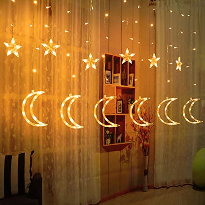 LED Ramadan Star Moon Light,Curtain String Light,115 LED Hanging Window Lights, USB Powered,8 Lighting Modes,Memory,6 Hours Timer,Decoration for Home Living Room Bedroom Balcony Christmas Wedding