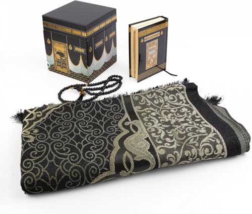 Taffeta Muslim Prayer Rug Set with Holy Quran & Kaaba Cubic Box | Lightweight Taffeta Rug, Kaaba Motif Holy Quran, Cubic Gift Box, 99 Prayer Beads, Islamic Janamaz Sajada, Eid Ramadan Gift - color: Prayer Rug/Holy Quran/Tasbih