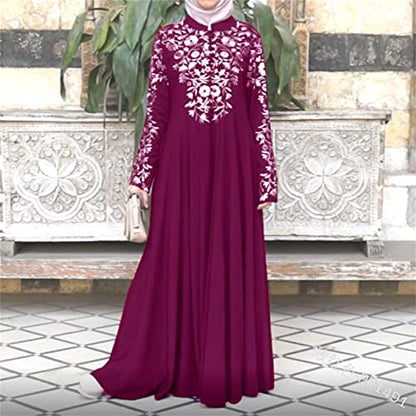 Islamic Fashion Dresses Middle Eastern Ethnic Kaftan Button Print Muslim Long Dress Dubai Turkey Arab Jilbab Dress - color: Hot Pink, size: Small