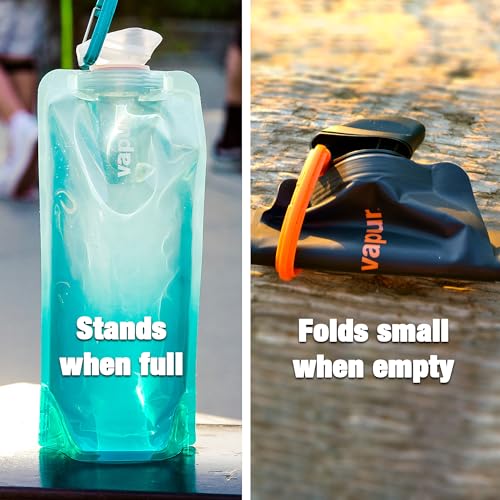 Vapur Collapsible Water Bottle With Carabiner, Compact Bottle Folds Flat For Hydration On The Go, Ideal for Traveling, Hiking or Camping, 16 Ounce, Cyan Blue, Pack of 2