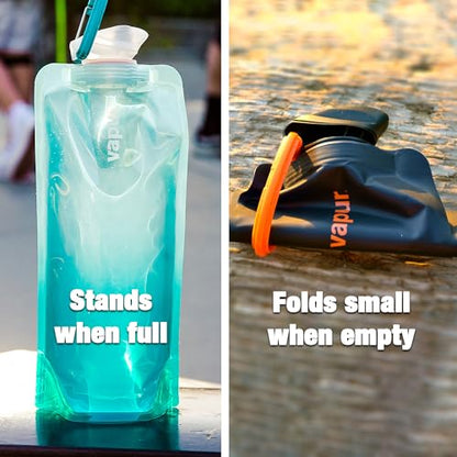 Vapur Collapsible Water Bottle With Carabiner, Compact Bottle Folds Flat For Hydration On The Go, Ideal for Traveling, Hiking or Camping, 16 Ounce, Cyan Blue, Pack of 2