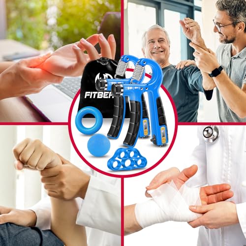 FitBeast Hand Grip Strengthener Workout Kit (5 Pack), 2 Forearm Grip Adjustable Resistance Hand Gripper, Finger Stretcher, Grip Ring & Stress Relief Grip Ball for Athletes - color: Sky Blue
