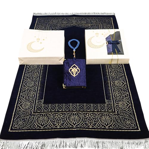 IEF Personalized Prayer Rug Quran Prayer Beads Islamic Gift Set, Ramadan Eid Wedding Birthday Mother's Day Father's Day Anniversary Day Gifts - color: Navy Blue with Bag