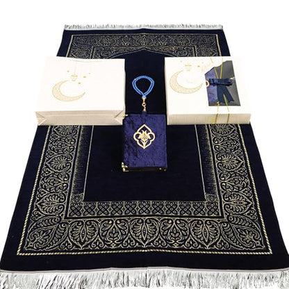 IEF Personalized Prayer Rug Quran Prayer Beads Islamic Gift Set, Ramadan Eid Wedding Birthday Mother's Day Father's Day Anniversary Day Gifts - color: Navy Blue with Bag