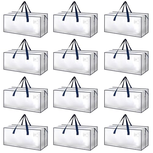 HealSmart 12 Pack Extra Large Moving Bags with Zippers & Carrying Handles, Heavy-Duty Storage Tote Moving Boxes for Dorm Room Essentials Storage Bags, Clear - color: Clear, size: 12-Pack, style: Backpack Straps