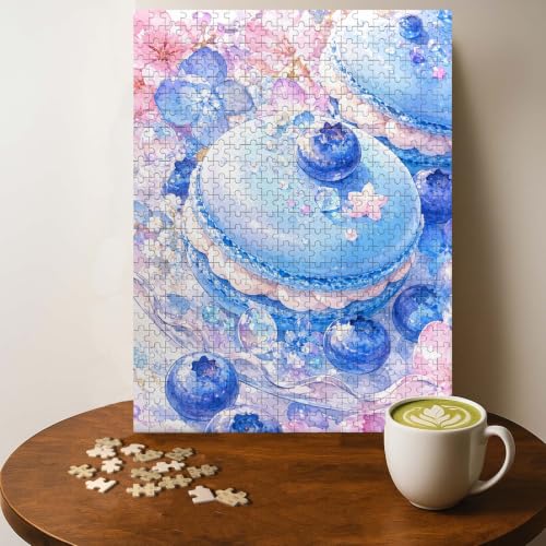 Blue Macaron Food Jigsaw Puzzle - 500 Pieces Wooden Puzzle for Adults, Wall Art Gift, Finished Size: 20 x 15 Inch - color: Blue Macaron - 500 Pieces