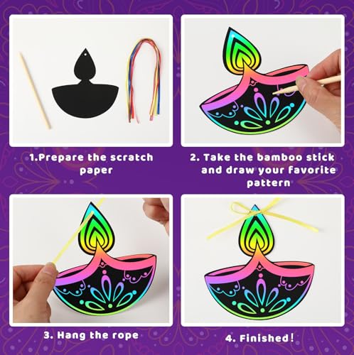 FEBSNOW 48 PCS Diwali Crafts for Kids, Magic Rainbow Scratch Art Paper Cards for Kids Diwali Gifts School Classroom Activities Happy Diwali Festival of Lights Party Favors Hanging Ornaments - style: Diwali