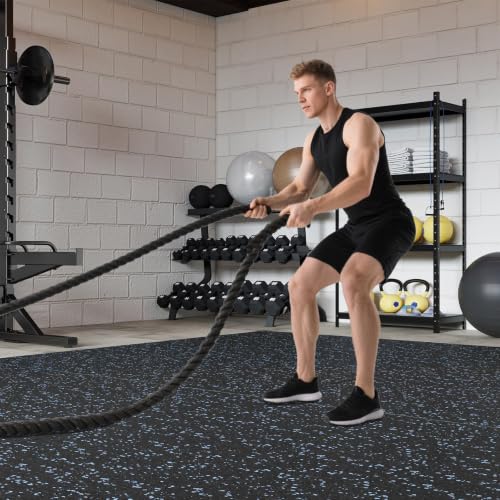 Giantex 12-Pack Interlocking Rubber Gym Floor Mats, 0.4'' Thick 24''x24'' Puzzle Tiles with Border Strips, 48 sq.ft Anti-Slip, Noise-Reducing Flooring for Home Workout Exercise (Black/Blue Speckled) - size: 0.4'' | 12 Tiles | 48 Sq Ft
