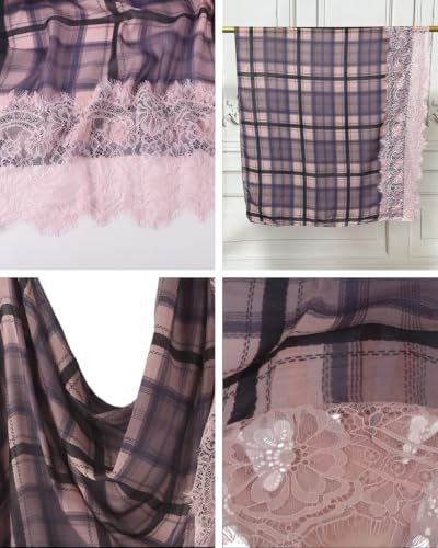 JUMISEE Elegant Floral Lace Hijab Scarf for Women Soft Cotton Head Wrap Instant Hijab Long Scarves Evening Dress Shawl - color: Pink Plaid Pattern