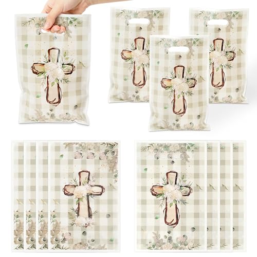 ANGOLIO 50Pcs White Floral God Bless Party Favor Bags Waterproof Baptism First Communion Goodie Bags with Handles Religious Christian Cross Candy Treat Gifts for Kid Easter Birthday Party Baby Shower - color: White