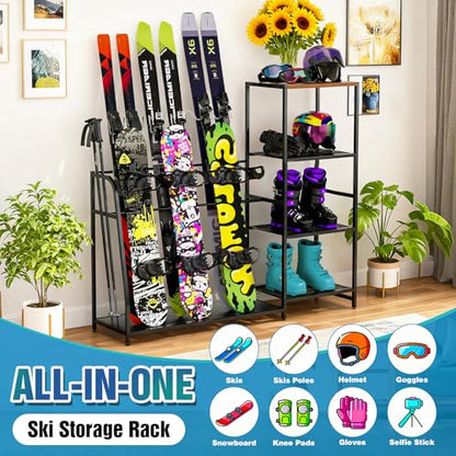 Ski-Snowboard Storage Rack Holder - Freestanding Ski Equipment Organizer Snowboard Boot Stand Garage Gear Storage - color: 3 Skis +3 Snowboards